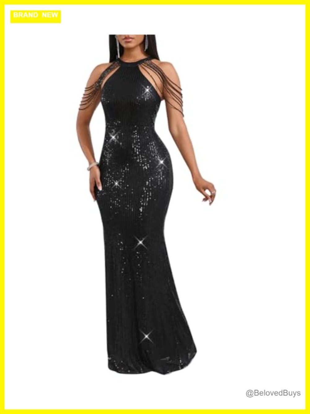 Sequin Halter Tassel Mermaid Formal Maxi Evening Gown